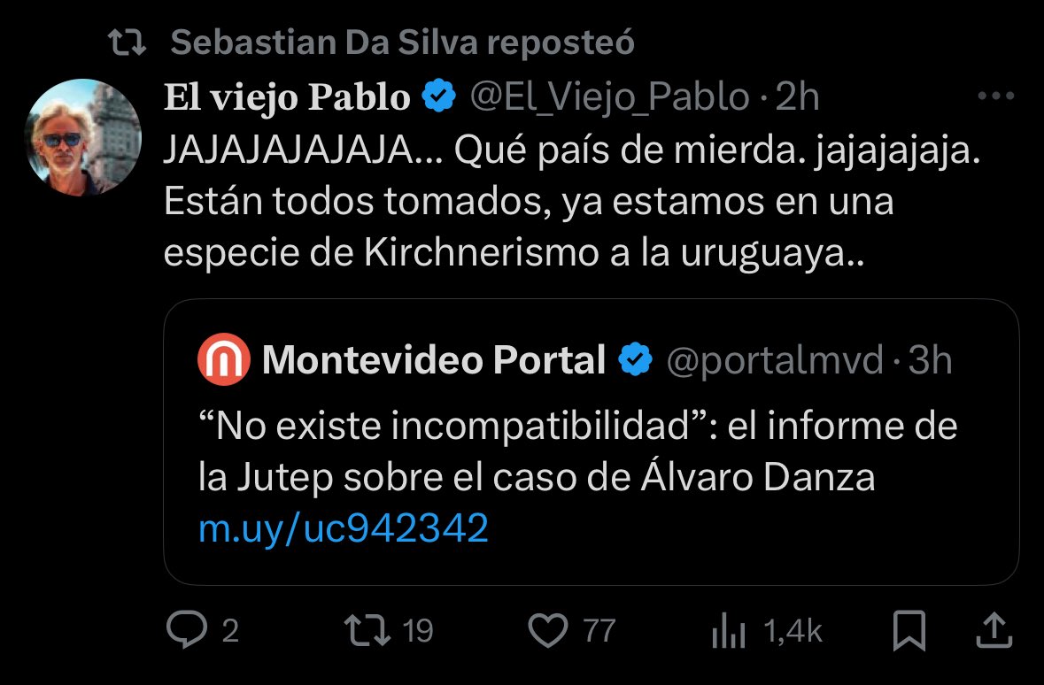 Me entristece que un Senador de la República (más allá de su enojo, molestia o desacuerdo con una decisión de un Organismo público) haga rt a algo que se refiere a Uruguay como “país de mierda”