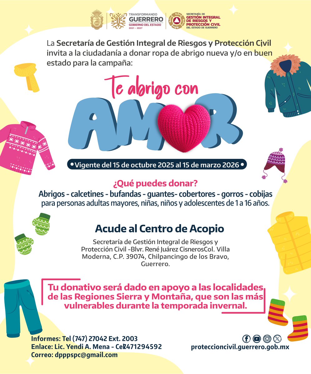 El gobierno del estado a través de la Secretaría de Gestión Integral de Riesgos y Protección Civil te invita a participar en la colecta de ropa de abrigo “Te Abrigo con Amor”. 🧥🧣🧤❄️