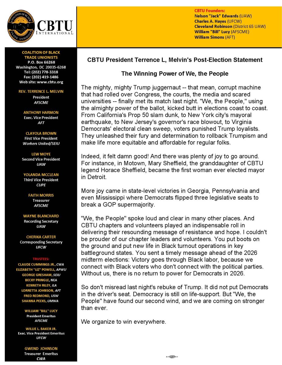 CBTU President Terrence L, Melvin’s Post-Election Statement: The Winning Power of We, the People #LaborVotes2025