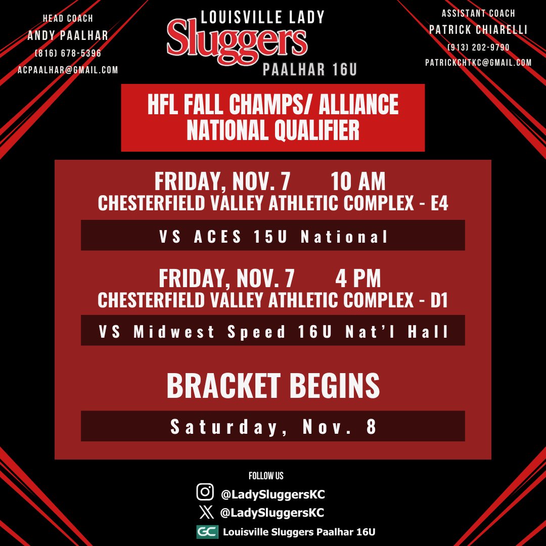 Getting back on the field with my girls this weekend! Come see some great talent! <a href="/SluggersKC/">LadySluggersKansasCity</a> <a href="/AndyPaalhar/">🚨COACH 🅰️ndy 🅿️aalhar</a> <a href="/chiarelli242/">Patrick Chiarelli</a> 

🚨Schedule change for game 2. It will now be played at 3:00 on D3!