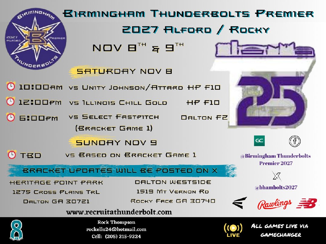 The <a href="/BhamBolts2027/">Birmingham Thunderbolts Premier 2027-Alford/Rocky</a> ladies are at T25 this upcoming week (Dalton, GA). 

We are returning after a 5-0 weekend at 18u. 

We are playing 2 pool play games at 16u and then moving to 18u for bracket play. 

<a href="/VTechSBcoach/">Pete</a> <a href="/michaellew10/">Mike Lewis</a>