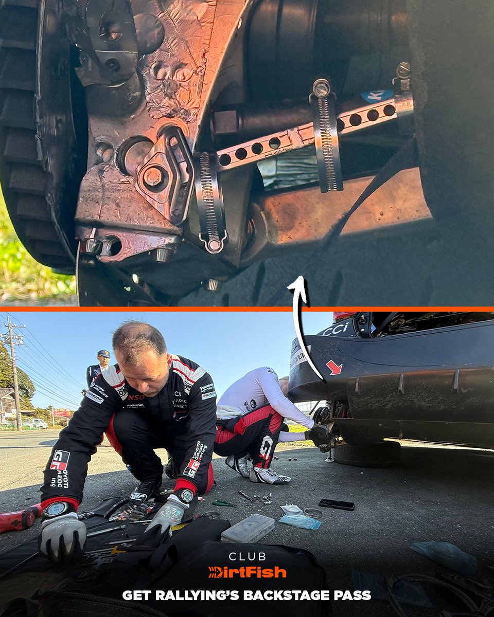 DirtFishRally's tweet image. Kalle Rovanperä is trying to keep his Rally Japan hopes alive by fixing his broken suspension with a spanner and jubilee clips 😳🛠️