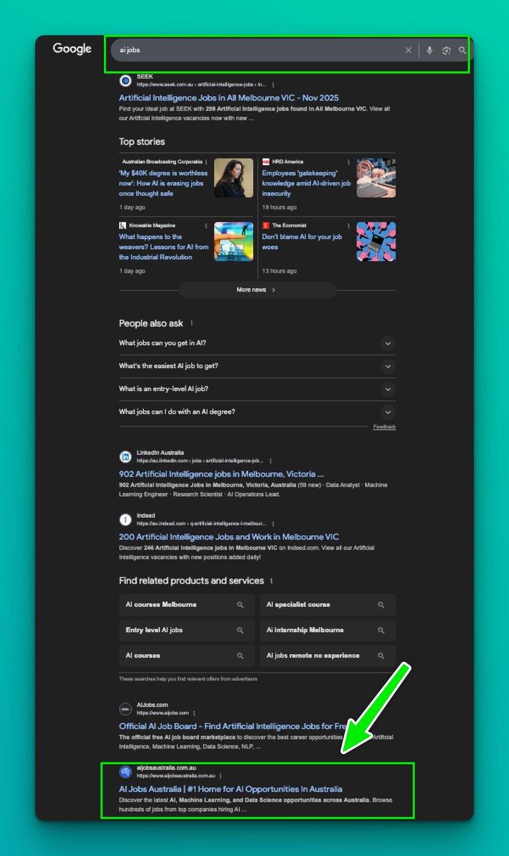 jake_m4l's tweet image. Cool milestone 😊 

We’ve started ranking on the first page of Google for “AI jobs” in Australia. 

(I&apos;m fixing that title issue right now also)