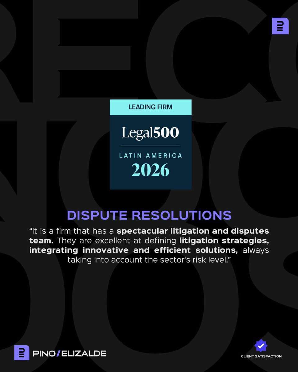PinoElizalde's tweet photo. Agradecemos a @TheLegal500 por reconocernos en su ranking Latin America 2026, destacando a nuestra firma como una de las mejores de Ecuador en la categoría “Dispute Resolution”. 

#PinoElizalde #Legal500 https://t.co/vmicK8n7zK