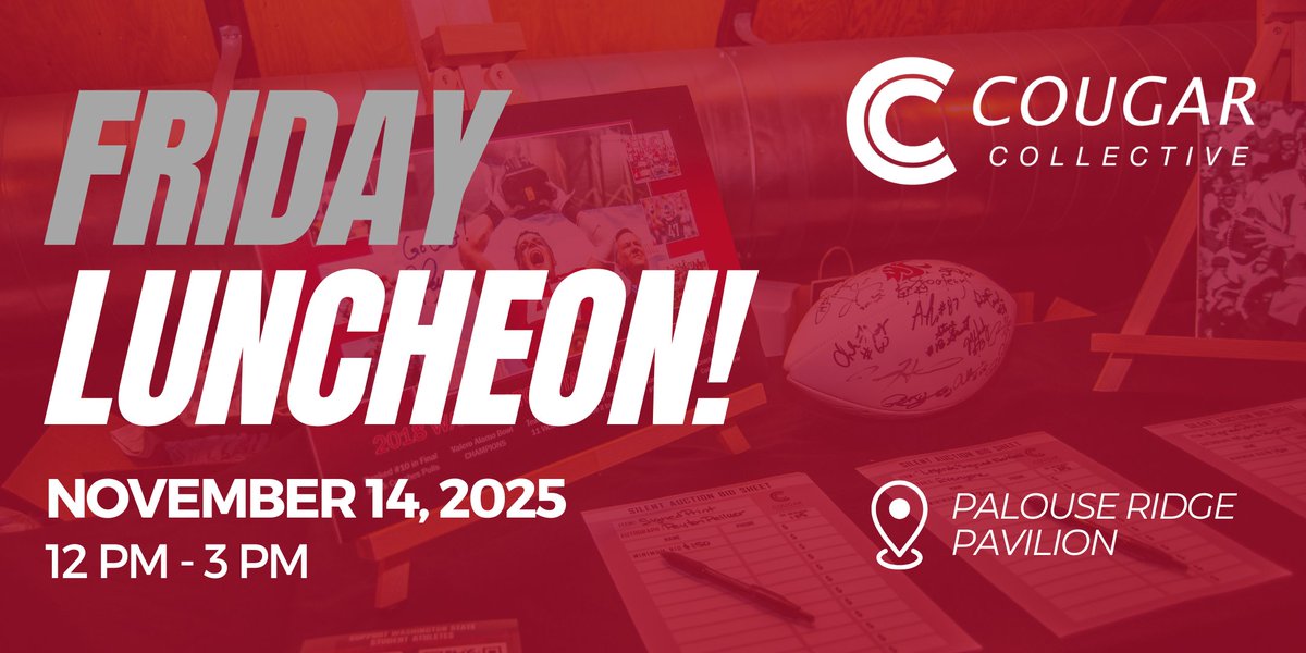 We’re switching things up, Cougs! 

Instead of our usual Friday Happy Hour next week, we invite you to join us for a special Friday Luncheon! This way, everyone can still make it to the <a href="/WSUCougarWBB/">WSU Cougar Women's 🏀</a> game vs. Stanford at 4pm in Beasley! 🏀

🗓 Friday, Nov. 14
⏰ 12–3pm
📍 Palouse