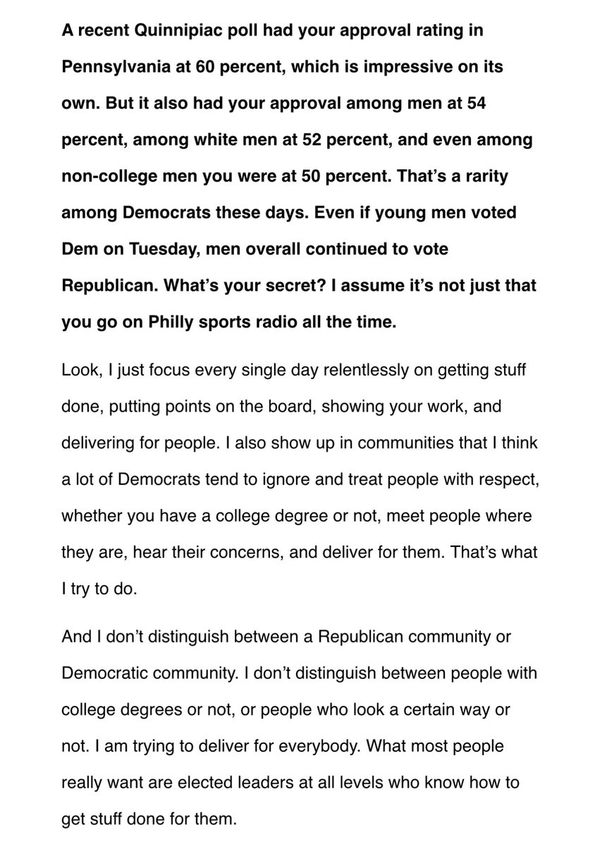 Gov. <a href="/JoshShapiroPA/">Josh Shapiro</a> on building a broad coalition of support by showing up constantly, treating people with respect, and fighting &amp; delivering for ALL Pennsylvanians.
 
More from a must read conversation between Gov. Shapiro x <a href="/PeterHamby/">Peter Hamby</a> —>