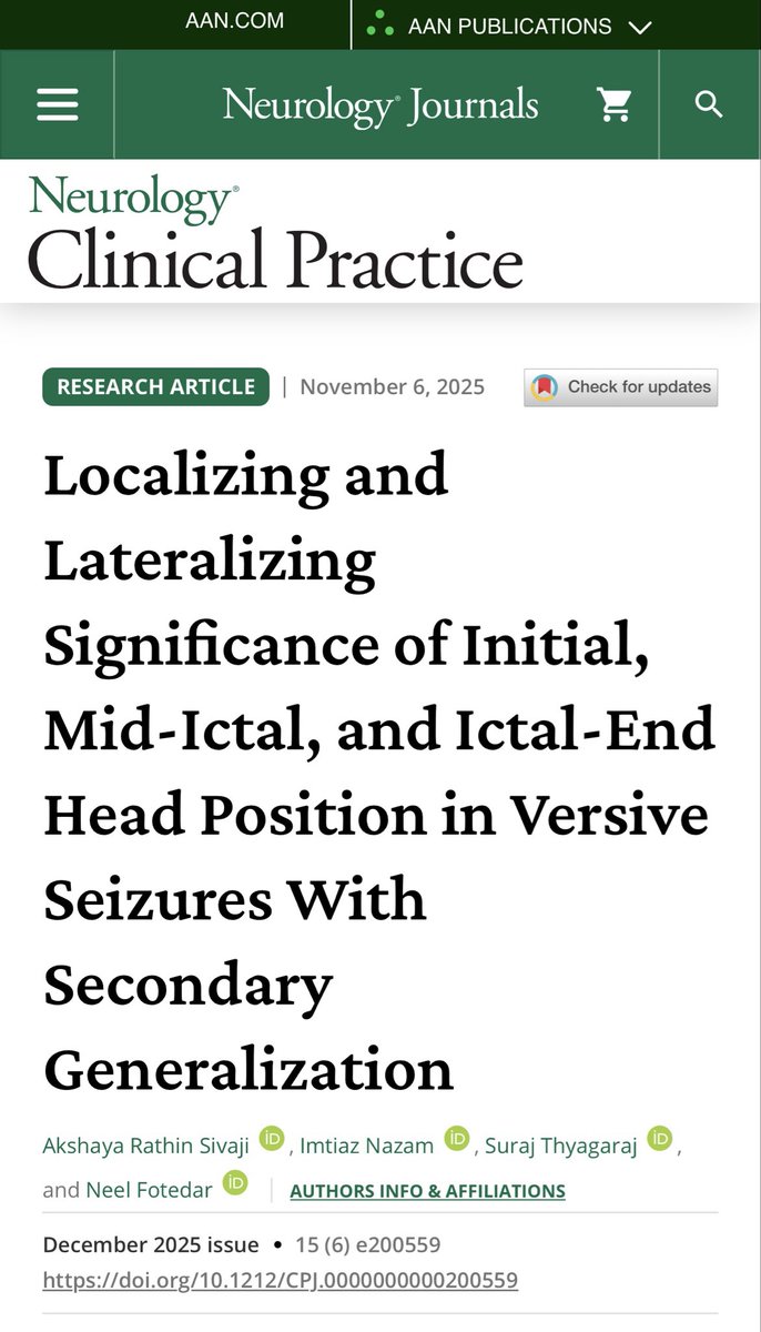 📢PUBLICATION ALERT ‼️ Read our latest research on head position changes in versive seizures as they secondarily generalize, led by our research fellows <a href="/akshay_sivaji92/">Akshay Sivaji</a> and <a href="/imtiaznazam/">Imtiaz Nazam</a> in <a href="/NeurologyCP/">Neurology: Clinical Practice</a> #Epilepsy #SeizureSemiology #NeuroX 

neurology.org/doi/pdf/10.121…