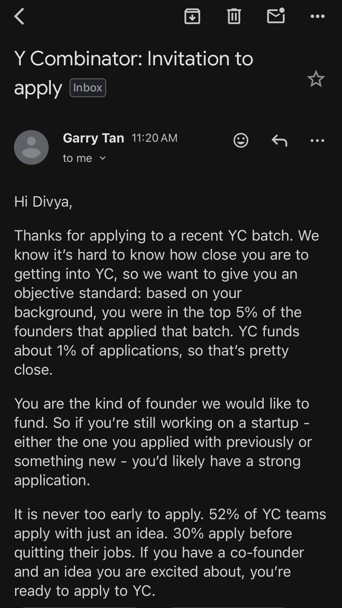dibbaa_code's tweet image. WTH just got an email from Garry Tan 👀

not the generic YC emails but directly from the man himself.

what does this mean..
should I apply for the 6th time?
