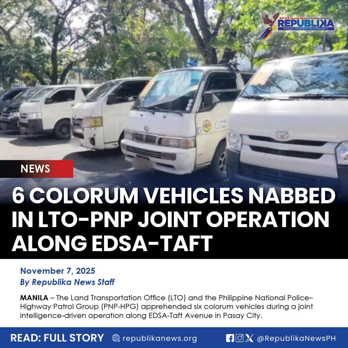 RepublikaNewsPH's tweet image. Five other private vehicles were also found to be illegally operating as “for hire” units without authorization from the Land Transportation Franchising and Regulatory Board (LTFRB). #LTO #LTFRB #Colorum #EDSA 

READ: republikanews.org/2025/11/07/6-c…