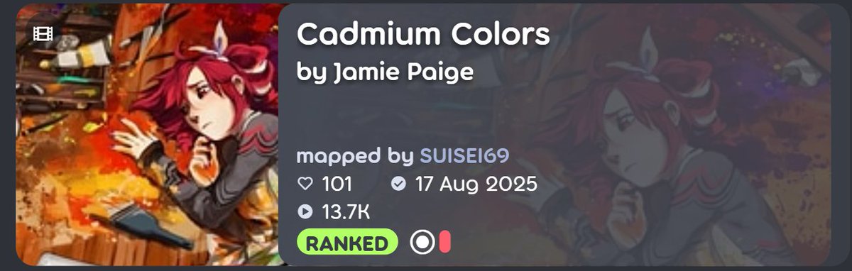 tysm for 100 favorites on cadmium colors!!!

it's quite impressive (for me) to see a set of low sr and 1 diff with that amount of favorites! tysm for the support ❤️❤️❤️

(you should play it!) osu.ppy.sh/beatmapsets/24…