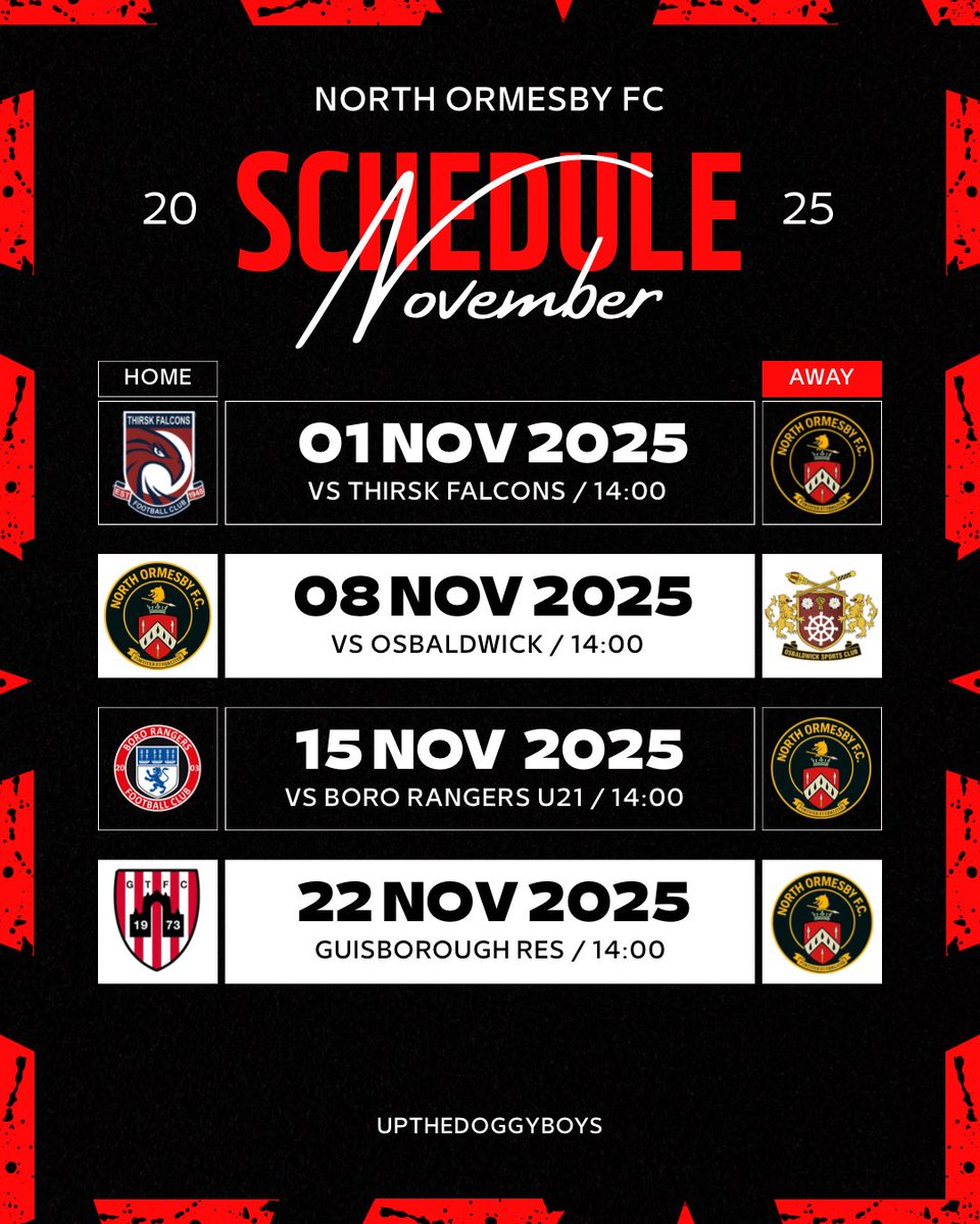 North_OrmesbyFC's tweet photo. 𝗡𝗢𝗩𝗘𝗠𝗕𝗘𝗥 𝗙𝗜𝗫𝗧𝗨𝗥𝗘𝗦

After October saw 2 outstanding wins, 1 draw and 1 loss the lads are determined to become consistent again in our performances/results &amp; kick on as we come up to the second half of the season. 

𝗨𝗧𝗗𝗕 🔴⚫️ https://t.co/ELSF02jIOj