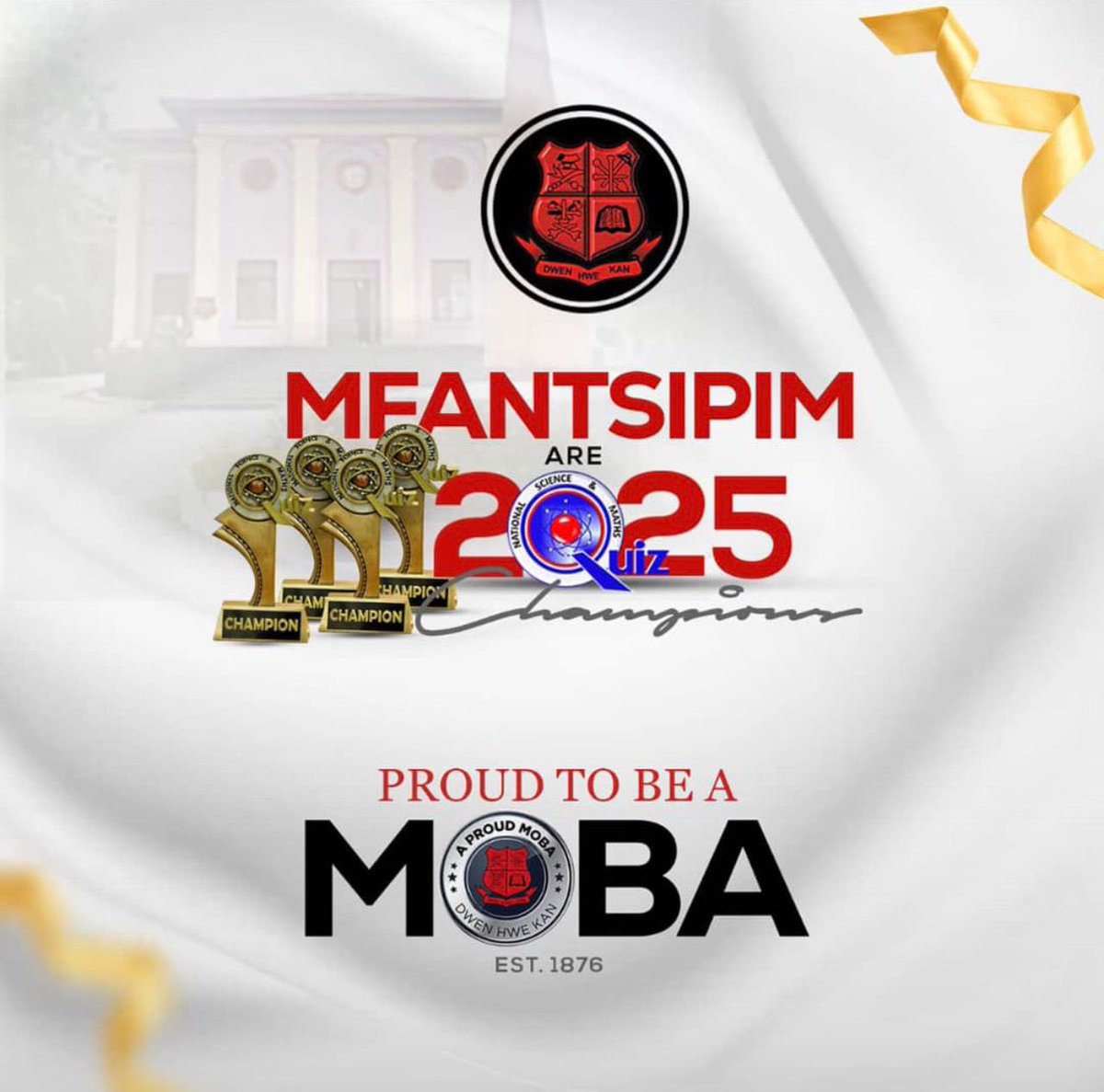 mobafraternity's tweet photo. MFANTSIPIM WINS 2025 NSMQ CHAMPIONSHIP π
With brilliance, grit, and the unbreakable Red and Black spirit, we rose to the top. We came, we answered, and we conquered. Mfantsipim β excellence lives here. β€οΈπ€
#GodIsAMOBA
#MfantsipimSchool
#MOBAFraternity https://t.co/uKhrQ6NGMD