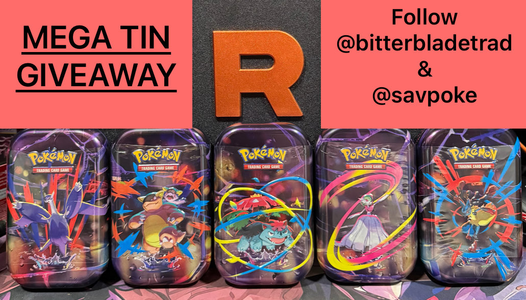 BitterBladeTrad's tweet photo. 🚨5x Mega Tin Giveaway🚨

One lucky person will receive all 5 tins, each having their own art! 

Rules -

1. Follow @BitterBladeTrad & @savpoke ❤️

2. Like & Retweet THIS post ♻️

(Optional): Comment your favorite Mega Pokemon 💫

*Winner will be selected 11/14*

US only! Good luck 🤪