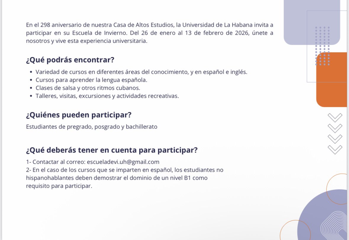 GlobalFCPyS's tweet image. Desde UNAM Cuba nos envían esta invitación a la escuela de invierno de la Universidad de la Habana, con programas accesibles que pueden ser de interés para nuestras alumnas y alumnos. 🤓