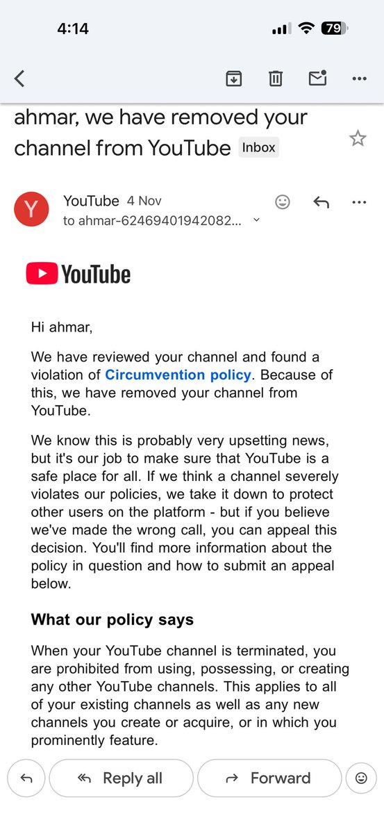 Hi,
My YouTube channel was removed due to “Circumvention of Policies.”
This is the second time this has happened.
Previously, my channel was suspended for the same reason, but YouTube reviewed it and restored it within 5 hours, confirming that no policy was violated
<a href="/TeamYouTube/">TeamYouTube</a>