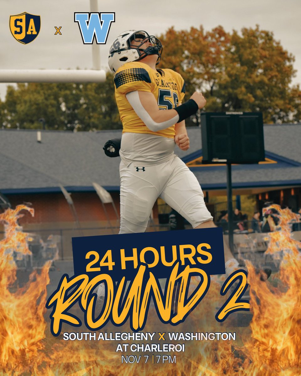 💙💛 24 HOURS TO KICKOFF! 💛
Gladiator Nation the countdown is ON! ⏰ Tomorrow our Gladiators battle Washington in WPIAL Quarterfinals! 🔥🏈
📍 Charleroi HS | 🕖 7 PM | 🎟️ $7 
Let’s pack the stands &amp; bring that SA energy! ⚔️💪
📸 Graphic by Maddie Taylor, Sports Media class