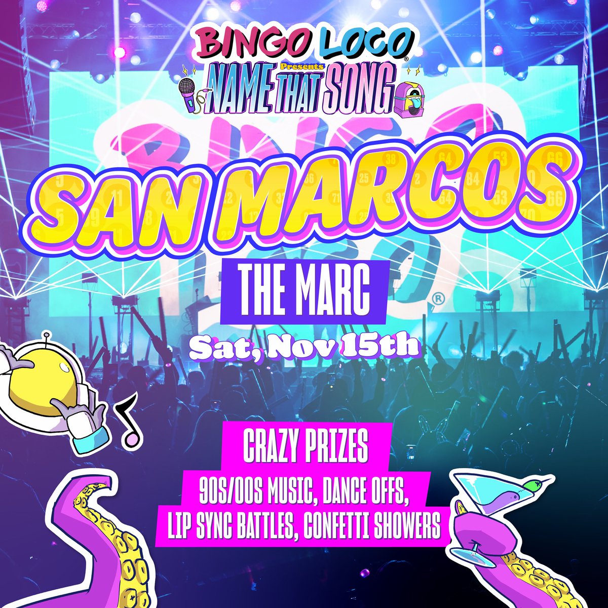 🎶 SAN MARCOS, are you ready?! 🎤
Bingo Loco presents Name That Song at The Marc — happening Saturday, Nov 15th! 🎉

Get hyped for a night packed with 90s/00s throwbacks, lip sync battles, dance-offs, confetti showers, and crazy prizes! 💃🪩

Tag your crew — it’s gonna be wild !