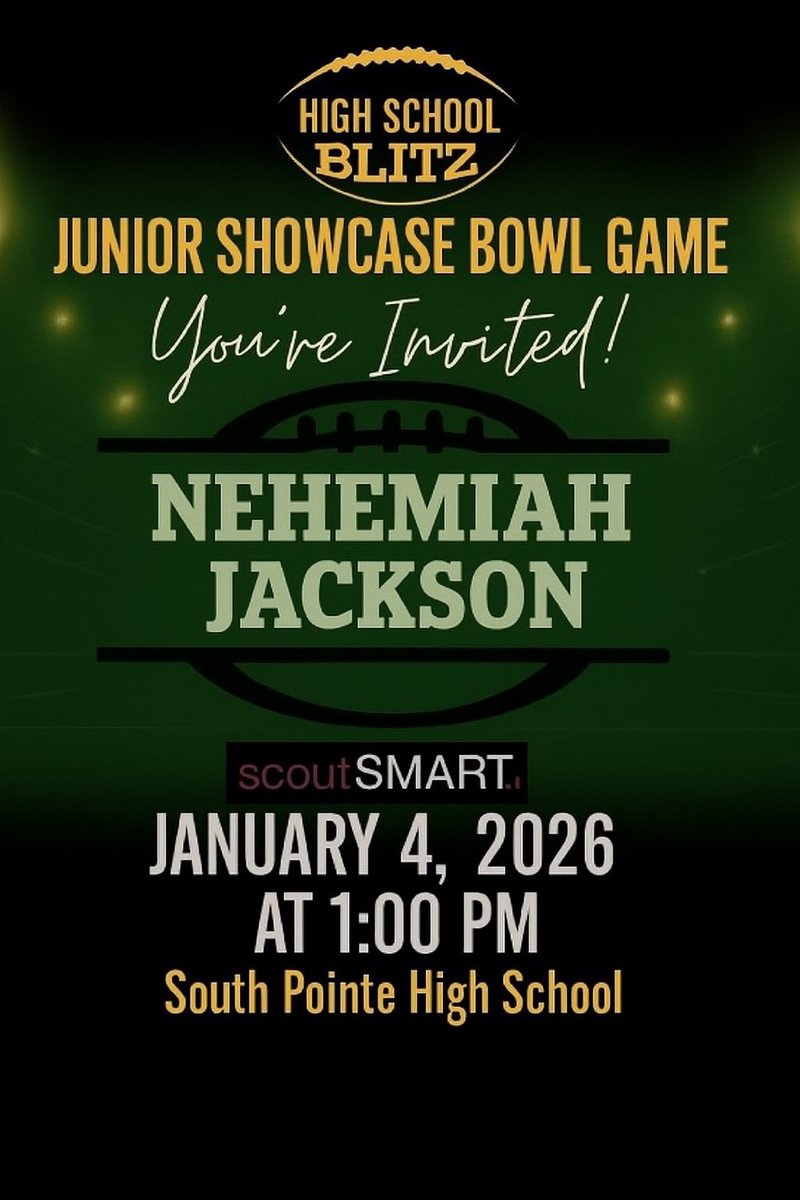 Extremely blessed to receive an invite from <a href="/HighSchoolBlitz/">High School Blitz</a> to be invited to the Junior Showcase Bowl Game in January! Cannot wait to engage with the best of the best in 2026! <a href="/_CoachCook/">Coach Andre Cook 🤘🏾</a> <a href="/mowings96/">Coach Owings</a> <a href="/train0187/">TRAINBUILT PERFORMANCE</a>