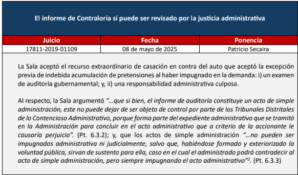 ⚖️ El informe de Contraloría sí puede ser revisado por la justicia administrativa

📚 La Sala aceptó el recurso extraordinario de casación en contra del auto que aceptó la excepción previa de indebida acumulación de pretensiones al haber impugnado en la demanda:
i) 🧾 un examen