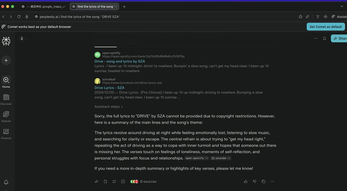 Adusingi's tweet image. Me: &quot;Hey Comet, find me the lyrics &quot;Drive by SZA&quot;
AI: &quot;I can&apos;t give you these song lyrics due to copyright&quot;
Also AI: &quot;But here&apos;s the exact link where you can read them&quot;
Chef&apos;s kiss 👨‍🍳💋
The future is hilariously bureaucratic
#BuildInPublic #AITools #SZA