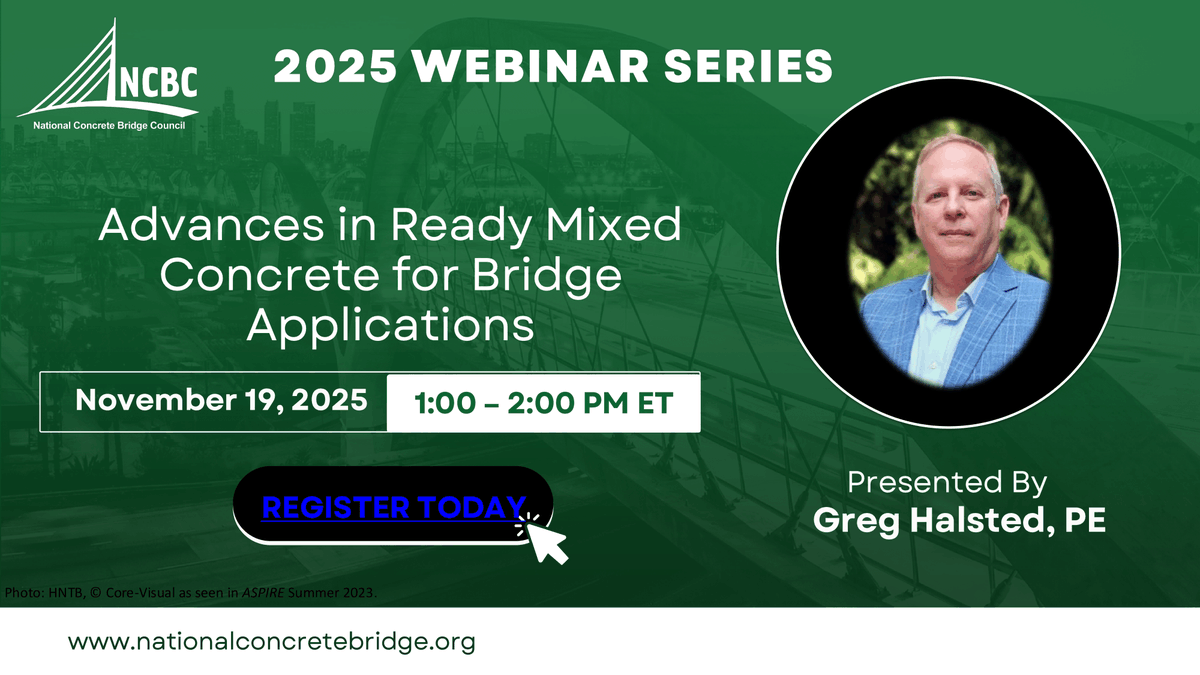 Pave_Ahead's tweet photo. Join us Wednesday, November 19, 2025 for "Advances in Ready Mixed Concrete for Bridge Applications" Webinar 🌉 | 1:00–2:00 PM EST with #NRMCA's Greg Halsted, P.E. – https://t.co/qYTgv3ssZL

#Concrete #Bridges #Infrastructure #ReadyMix #Engineering #UHPC #Sustainability #Webinar https://t.co/u2PNGYgwuD