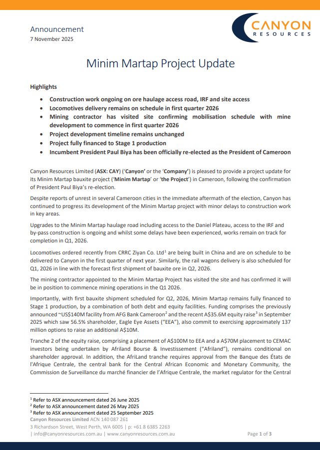 $CAY is pleased to provide an update on the Minim Martap #Bauxite Project with steady progress being made across several key areas. Importantly, the project remains on schedule first bauxite shipment in Q2 2026.

See the full announcement: api.investi.com.au/api/announceme…