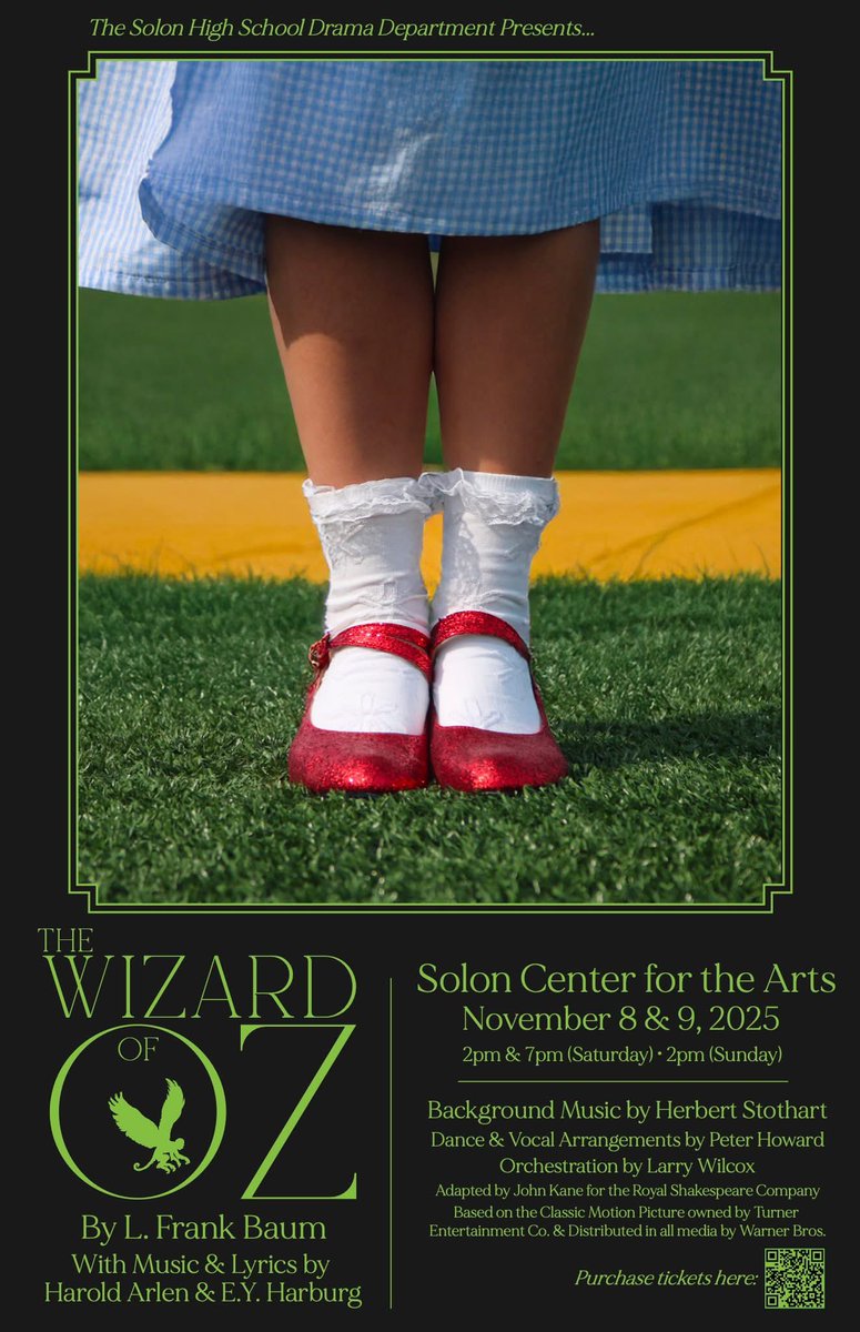 JoshuaKoza's tweet photo. What could possibly make the AMAZING Solon High School musical The Wizard of Oz this weekend even better? Over 70 original works by our INCREDIBLE student artists will be on display in the lobby during all performances. Can’t wait to see you!
#SolonStrong #TheArtsMatter https://t.co/dqWbLkixes