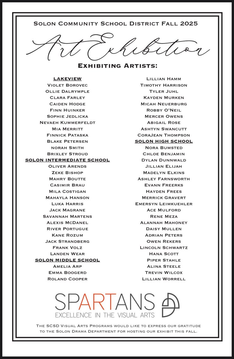 What could possibly make the AMAZING Solon High School musical The Wizard of Oz this weekend even better? Over 70 original works by our INCREDIBLE student artists will be on display in the lobby during all performances. Can’t wait to see you!
#SolonStrong #TheArtsMatter
