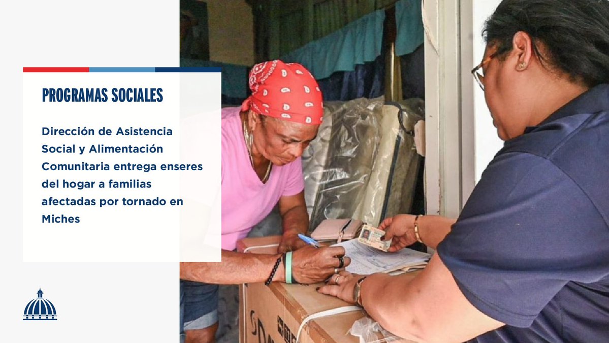 Comunicaciondo's tweet image. Tras los daños ocasionados por un tornado en el municipio de Miches y que afectó a más de 20 familias, el Gobierno donó, a través de la Dasac, enseres del hogar a los afectados.

📲 Más información, aquí: presidencia.gob.do/noticias/direc…

#ProgramasSociales #ComunicacionesDO