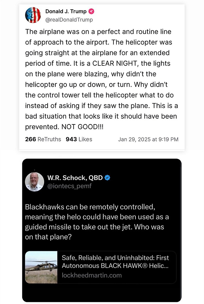 <a href="/TheProjectUnity/">Jay Anderson</a> I had pointed out the helo was actually remote-controlled and Trump even shared my post to give it more coverage. There is no way it was an accident and they didn't find any bodies. Totally staged. 
x.com/TheProjectUnit…