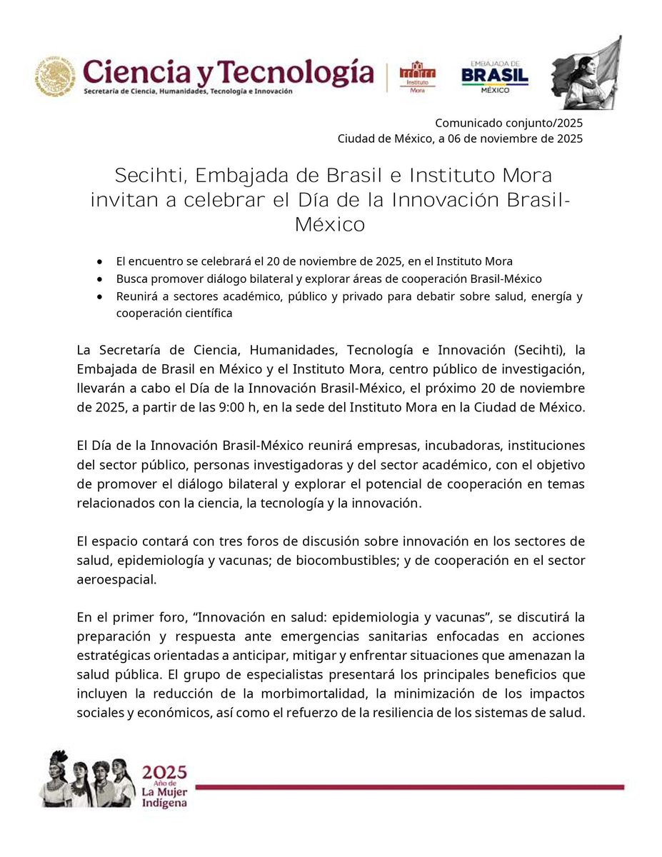 Secihti_Mx's tweet image. 📰 #ComunicadoConjunto | #Secihti, @BrasilnoMexico e @institutomora invitan a celebrar el Día de la Innovación Brasil-México. 🇧🇷 🇲🇽