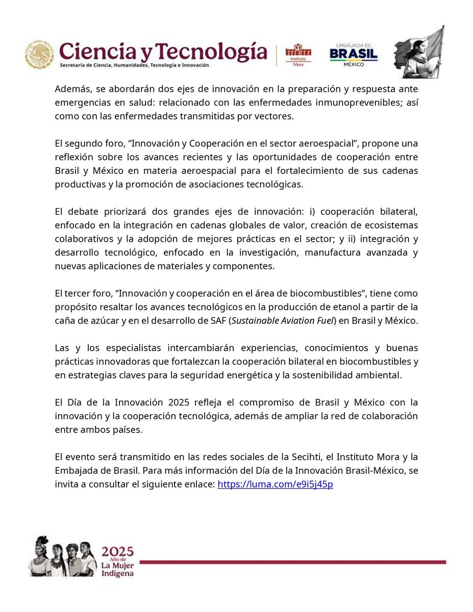 Secihti_Mx's tweet image. 📰 #ComunicadoConjunto | #Secihti, @BrasilnoMexico e @institutomora invitan a celebrar el Día de la Innovación Brasil-México. 🇧🇷 🇲🇽