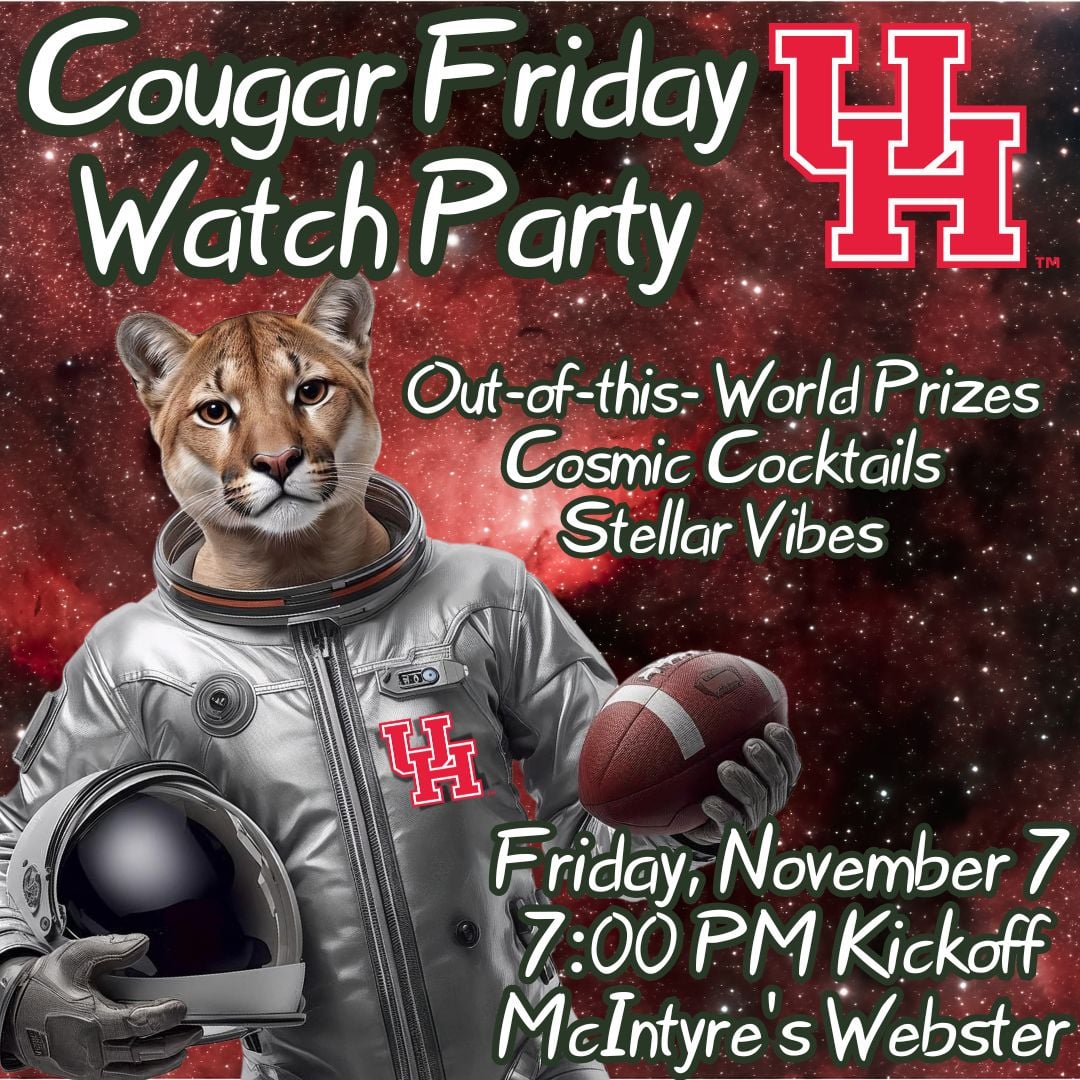 BayAreaCoogs's tweet image. 🏈🚀 Touchdowns in T-minus 3…2…1! @UHCougarFB is going interstellar this Friday! Join the @BayAreaCoogs for this mission at McIntyre’s Webster for cosmic cocktails, stellar vibes, and out-of-this-world prizes! 🌌🐾
#GoCoogs #Coogs #SpaceCity
@houstonalumni @UHCougars @UHouston