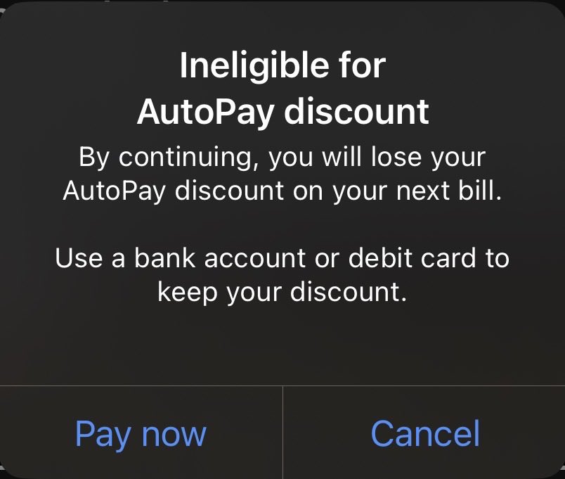 KodiakBearOG's tweet photo. Loyal @TMobile customer since 2001, but new autopay policy forcing specific payment methods to keep $5/line discount feels like a betrayal. Considering dropping coverage altogether. T-Mobile, what’ll it take to retain long-time customers?
@TMobileHelp
#TMobile #AutopayChanges https://t.co/6KlMKQfxI2