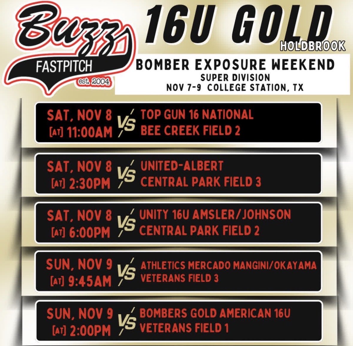 Schedule is here for this weekend! Come check us out in College Station! <a href="/TreyHoldbrook/">Trey Holdbrook</a> <a href="/BuzzCentex/">Buzz Fastpitch</a> <a href="/vasquezmarky/">Mark V</a> <a href="/D1Boerne/">D1 Training Boerne</a>