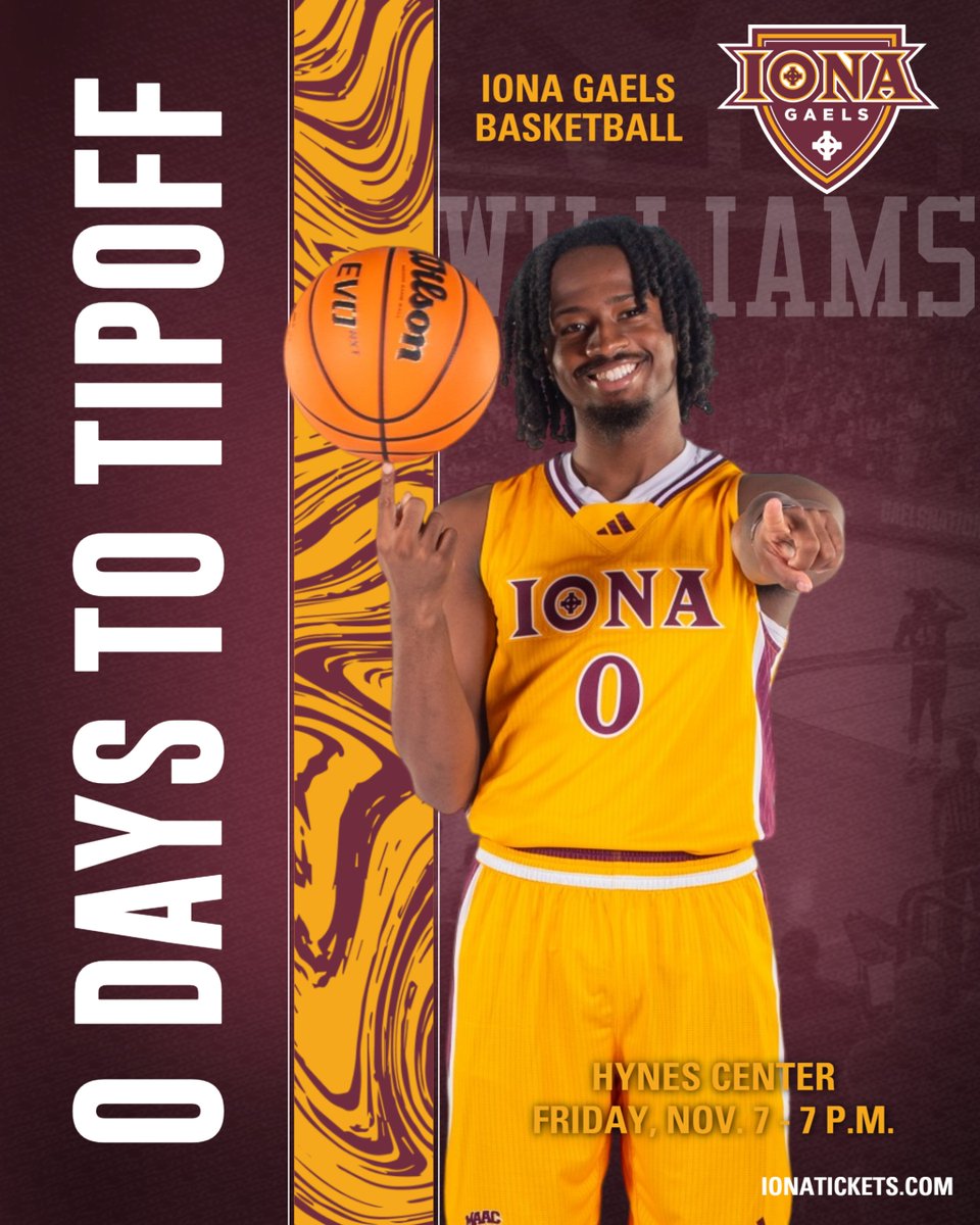 KESHAWN WILLIAMS DAYS 🔥⏰

It’s go time:
📅 TONIGHT
⏰ 7 p.m.
📍 Hynes Center
🆚 Hofstra
🎟️ IonaTickets.com

#PackTheHAC 🏀 #MAACHoops🏀 #GaelNation
<a href="/keshawn_0/">Kee Will🧩</a>🏀 <a href="/ionauniversity/">Iona University</a>🏀 <a href="/IonaGaels/">Iona Athletics</a>