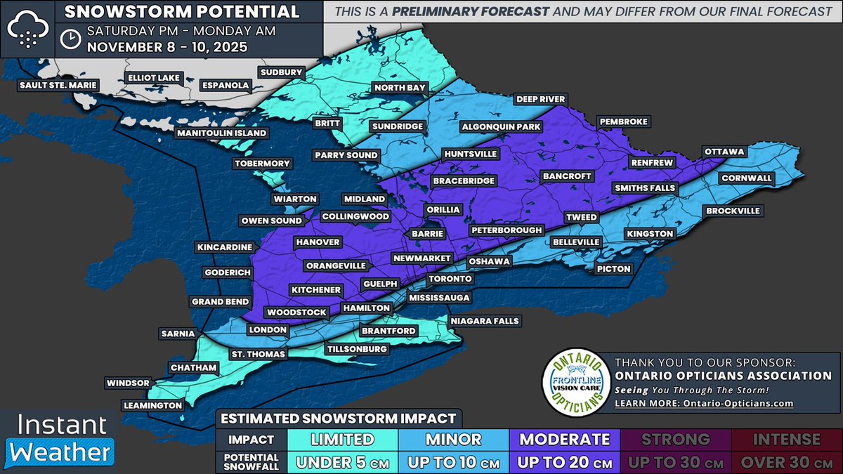 #ONStorm #ONwx 😫❄️ Southern Ontario to Plunge Into Winter as Sunday Snowstorm Could Dump Up to 20 cm of Snow

📅 Saturday, November 8 - Monday, November 10, 2025

⤵️ VIEW THE FULL FORECAST:

instantweatherinc.com/article/ontari…

- Brennen

———
Thank you to our sponsor, Ontario Opticians