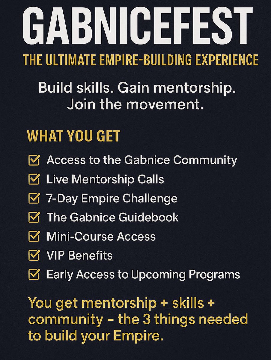 GabniceRecords's tweet image. GabniceFest is officially LIVE
#gabnicefest #gabniceempire #mindsetshift #growthmindset #communitybuilding #digitalempire #motivationdaily #entrepreneurlife #africanyouth #lifestyleelevation #empirebuilder #selfdevelopment