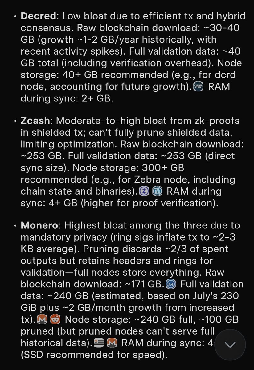 Bitsoshi's tweet image. I don&apos;t think @decredproject has gotten enough attention for its privacy implementation.  Very few comprehend how elegant the current design is.  

Comparing bloat of the big 3, Decred is by far the most lean with &amp;gt;63% of supply mixed/anonymized.

Results from @grok: