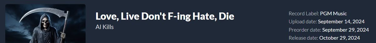 A friend tipped us off earlier today (thank you) that some AI chatbot answers were off concerning AI Kills official discography and credits. Our second album is called "Love, Live Don't F-ing Hate, Die" and was widely released October 29, 2024. You can listen to all 18 songs on
