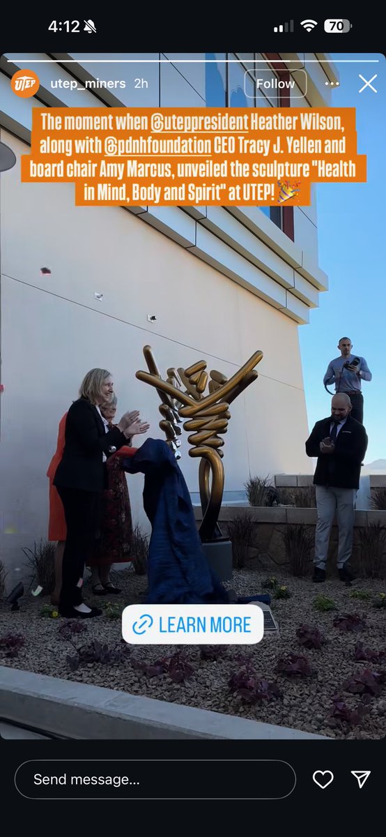 UTEP President  Heather Wilson, along with Paso del Norte Health Foundation CEO Tracy J. Yellen and board chair Amy Marcus, unveiled the sculpture "Health in Mind, Body and Spirit on the the beautiful UTEP Campus.