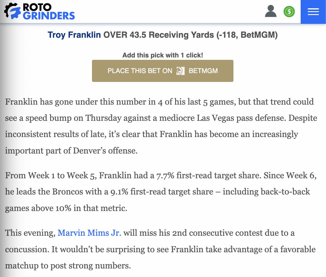 Should have been a sweep. Just happy Dobbins came through on the final drive for <a href="/RotoGrinders/">RotoGrinders</a> 😅

🏈 J.K. Dobbins OVER 69.5 Rushing Yards (-112) ✅
🏈 Pat Bryant OVER 18.5 Receiving Yards (-110) ✅
🏈 Troy Franklin OVER 43.5 Receiving Yards (-118) ❌

Back w/ more Sunday 🤙