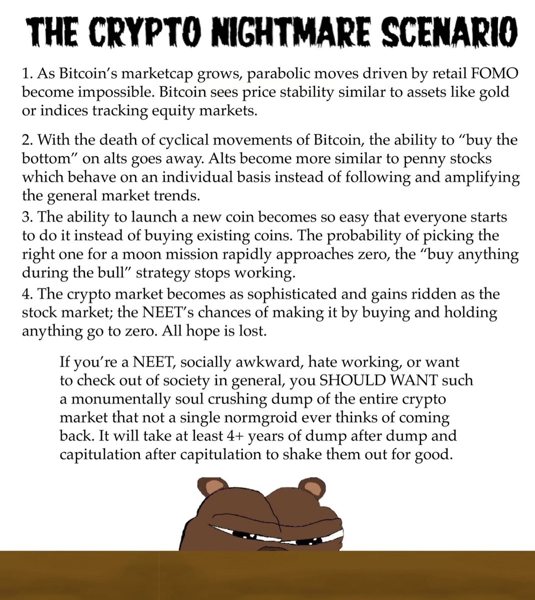 Increasingly the Crypto Nightmare Scenario that was the posted on /biz/ in 2019 is starting to play out.
I believe it's partially to force Crypto natives into xStocks.  I think this horrendous price action on altcoins has been engineered by Wall Street (gut feeling.)