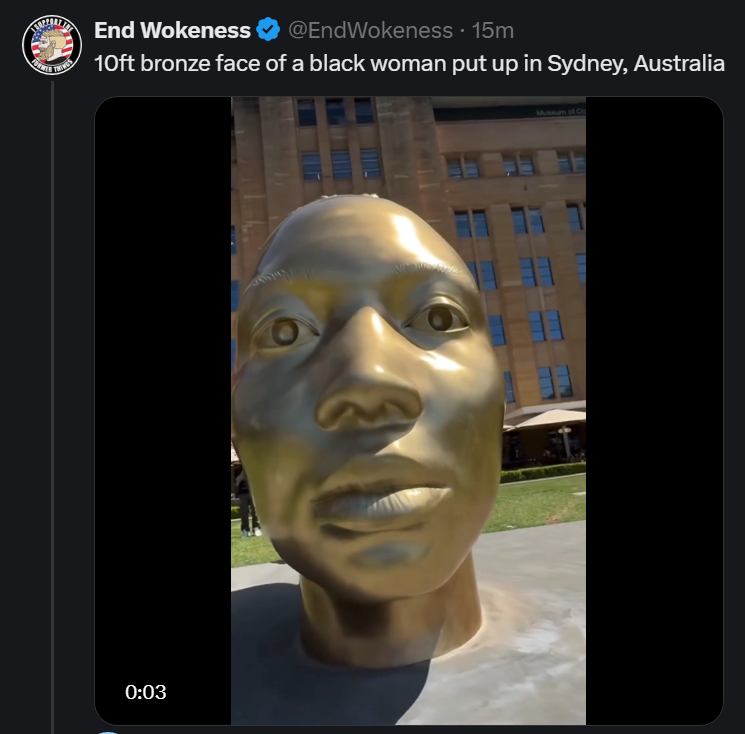 WhittyMike's tweet image. Why in Australia, of all places?

Why not a bronze bust of an Aboriginal Australian woman?

Australia's population of African ancestry (within three generations, not going all the way back to out-of-Africa diaspora of humans) is negligible.  

#VirtueSignaling