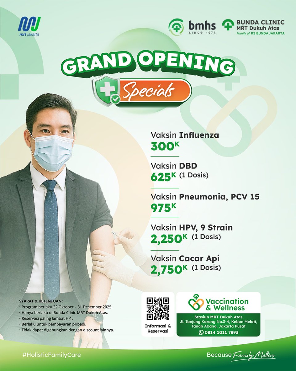 mrtjakarta's tweet image. Stay Healthy on the Go! Sekarang naik MRT #PastiBisa sekaligus jaga kesehatan 💚

Hadir di Stasiun MRT Dukuh Atas BNI, Bunda Clinic MRT Dukuh Atas siap memberikan layanan kesehatan yang mudah diakses untuk kamu yang aktif dan sibuk!

🩺 Layanan yang tersedia:
✅ Vaccination: Flu,