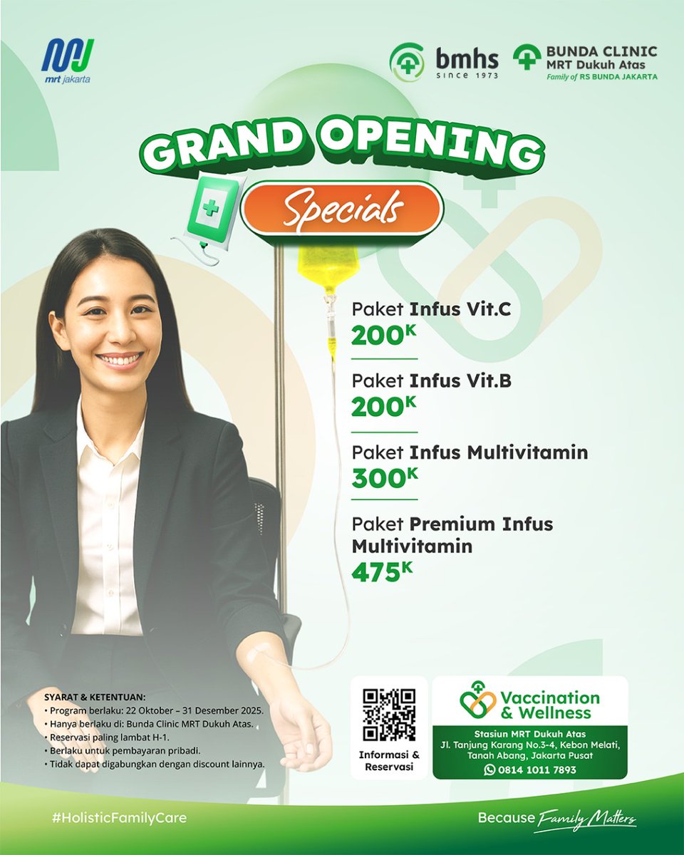 mrtjakarta's tweet image. Stay Healthy on the Go! Sekarang naik MRT #PastiBisa sekaligus jaga kesehatan 💚

Hadir di Stasiun MRT Dukuh Atas BNI, Bunda Clinic MRT Dukuh Atas siap memberikan layanan kesehatan yang mudah diakses untuk kamu yang aktif dan sibuk!

🩺 Layanan yang tersedia:
✅ Vaccination: Flu,