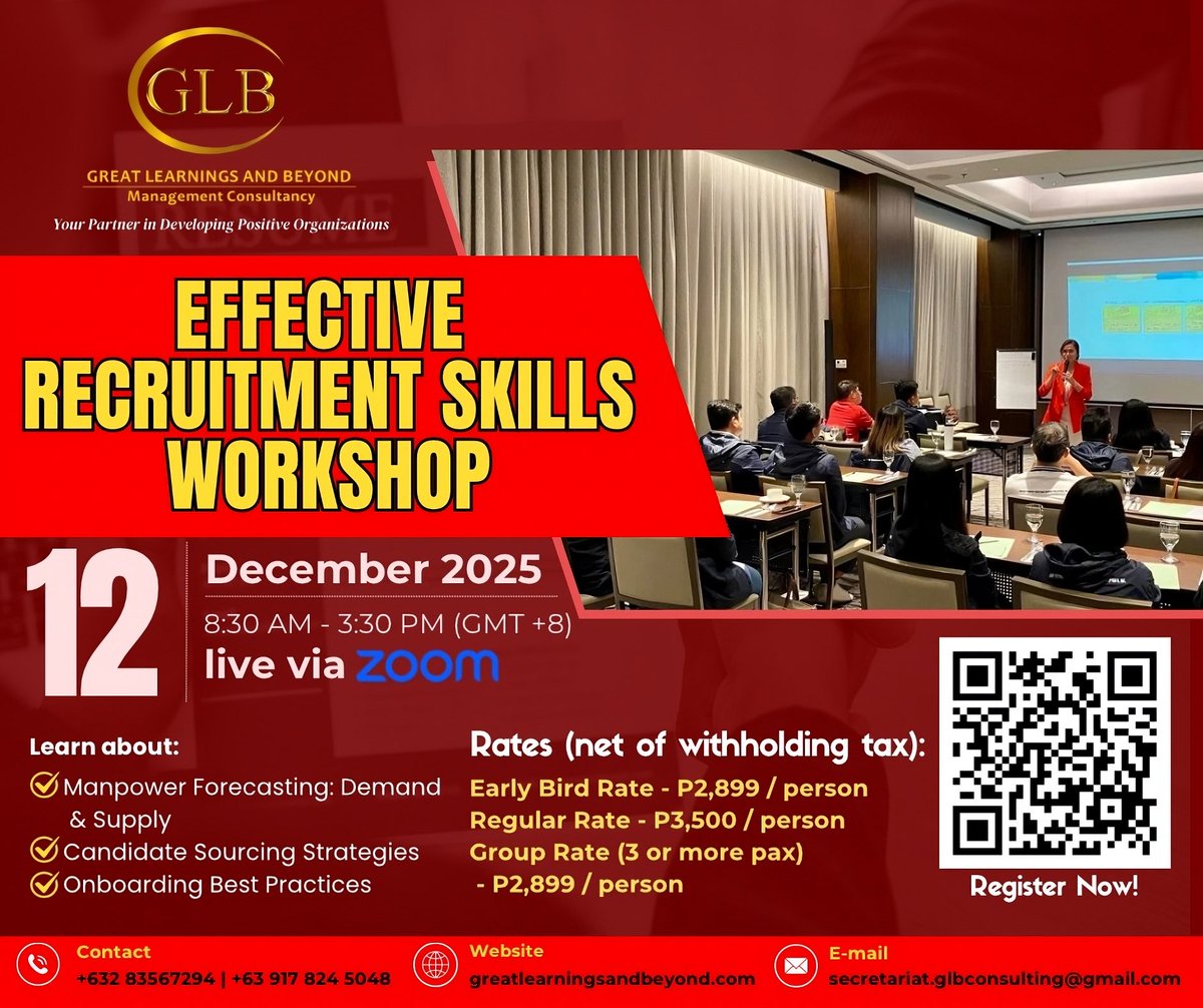 Training_GLB's tweet photo. 𝐄𝐅𝐅𝐄𝐂𝐓𝐈𝐕𝐄 ��𝐄𝐂𝐑𝐔𝐈𝐓𝐌𝐄𝐍𝐓 𝐒𝐊𝐈𝐋𝐋𝐒 𝐖𝐎𝐑𝐊𝐒𝐇𝐎𝐏

📅 December 12, 2025 | Saturday
⏰8:30 AM - 3:30 PM (GMT+8)
📍 Live via Zoom
🔗 https://t.co/L8p0cqBJa4

𝐄𝐍𝐑𝐎𝐋𝐋 𝐍𝐎𝐖! https://t.co/kVMdV250bI