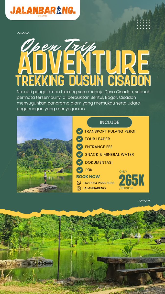 jwangrene's tweet photo. Weekend healing nggak harus mahal 😎
Join Open Trip Trekking Dusun Cisadon bareng #JalanBareng — trekking seru, view cakep, &amp; dapet dokumentasi kece!
Cuma 265K aja 🤩
📅 15 &amp; 29 November 2025
📲 DM @.jalanbarengteman. buat daftar!
atau via WA: +62895425566066

#cisadon #opentrip https://t.co/4WBWmEQNyS