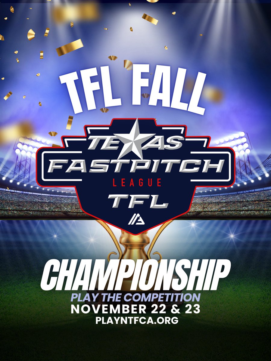 TFL CHAMPIONSHIP!
🚨🚨🚨
The Texas Fastpitch League Fall Championship weekend is almost here &amp; DFW is this year's host. Join the action as the top competition in the region comes to North Texas. Register your 12u squad for the Jr event with us at playntfca.org