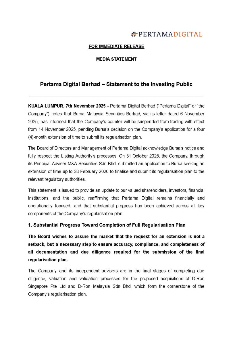 pertamadigital's tweet photo. MEDIA STATEMENT

Pertama Digital Berhad – Statement to the Investing Public https://t.co/p7If9v1W0X